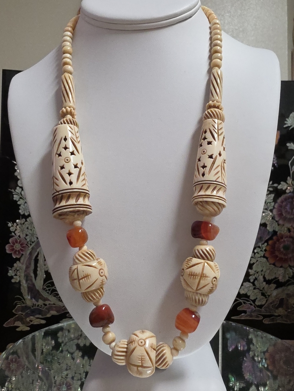 Vintage Carved Bone & Carnelian Agate Necklace